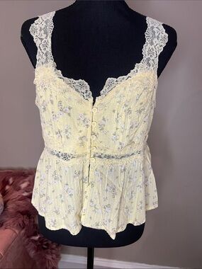 And Now This Lace-Trim Floral Yellow Button Front Peplum Top